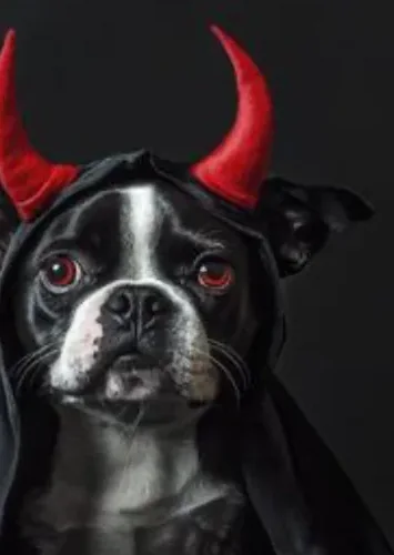 A Boston terrier in a black cape with red devil horns for Halloween